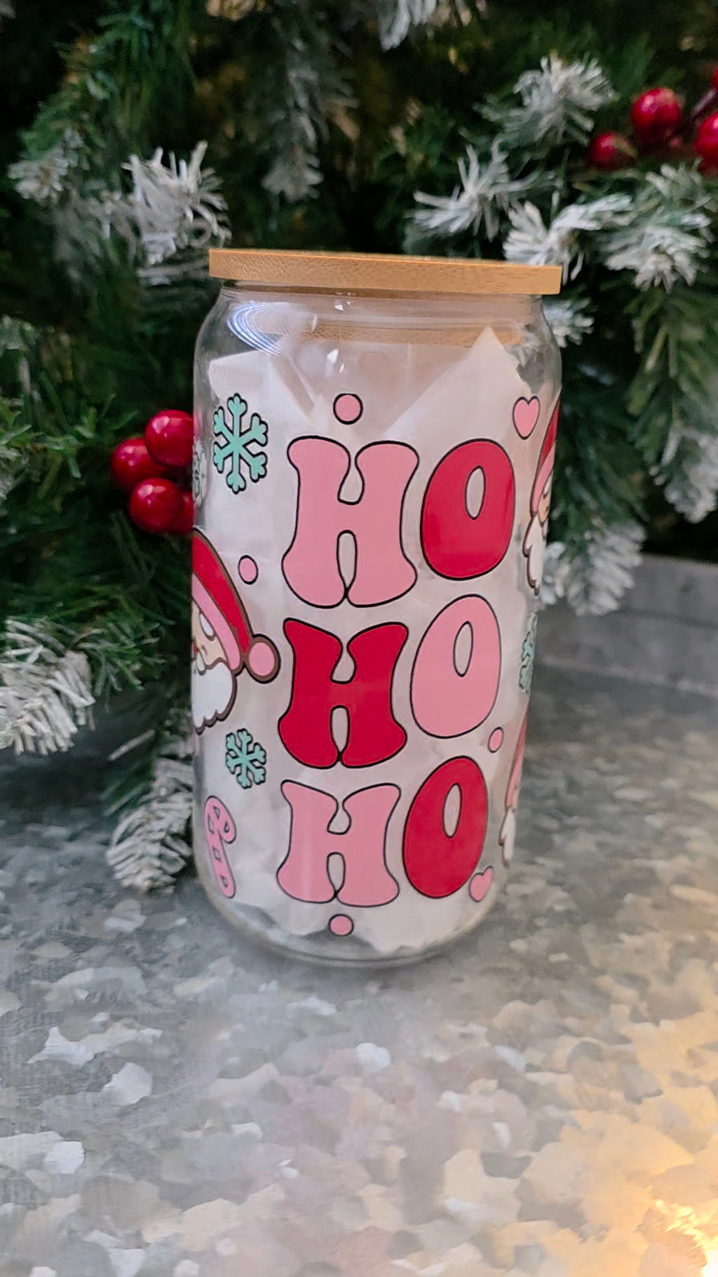 Santa Ho Ho Holiday 16oz Glass Cup | Christmas Festive Drinking Glass with Lid | 16 oz Glass Cup with Bamboo Lid and Glass Straw