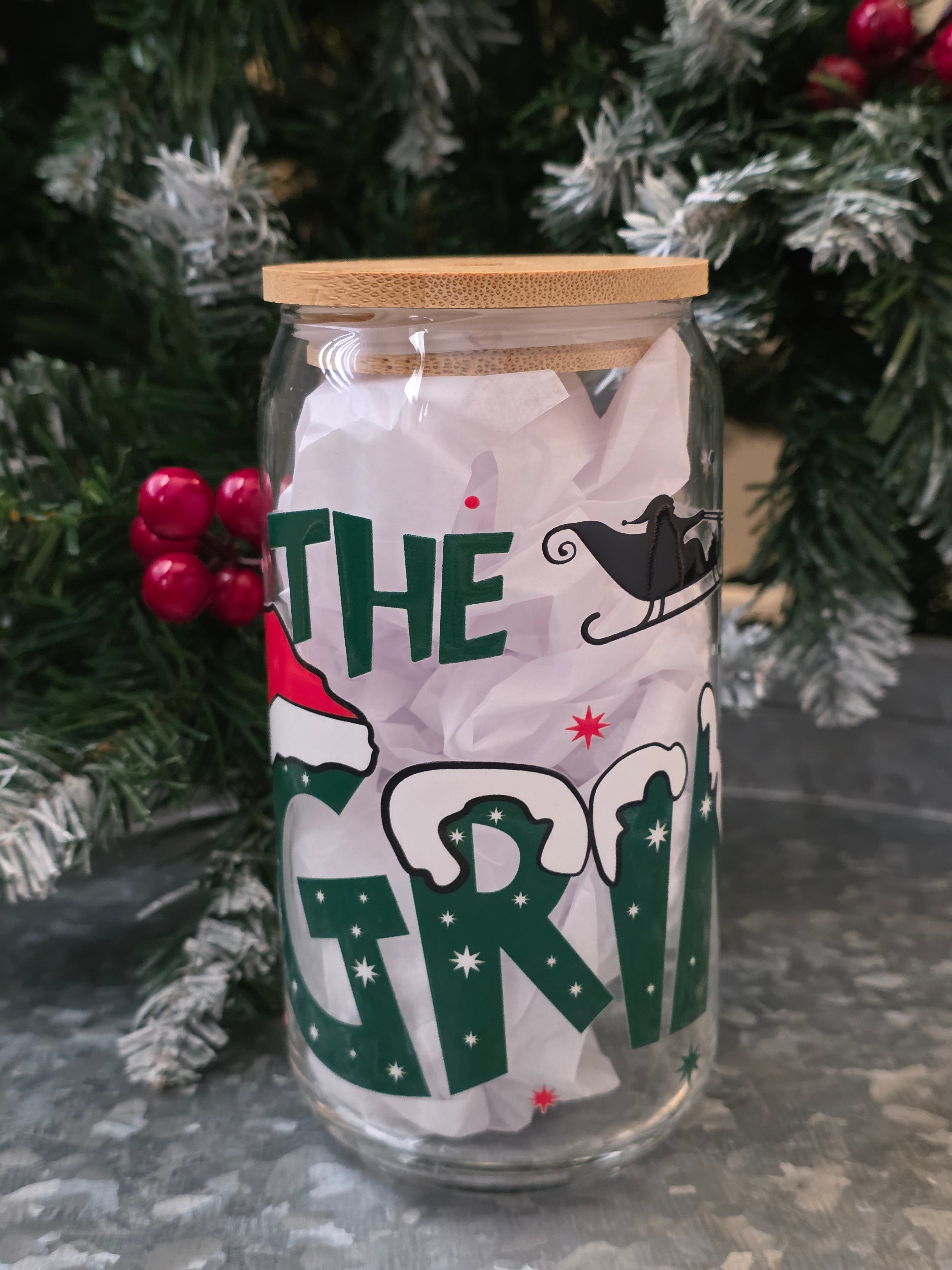 The GRINCH 16oz Glass Cup | Christmas Festive Drinking Glass with Lid | 16 oz Glass Cup with Bamboo Lid and Glass Straw