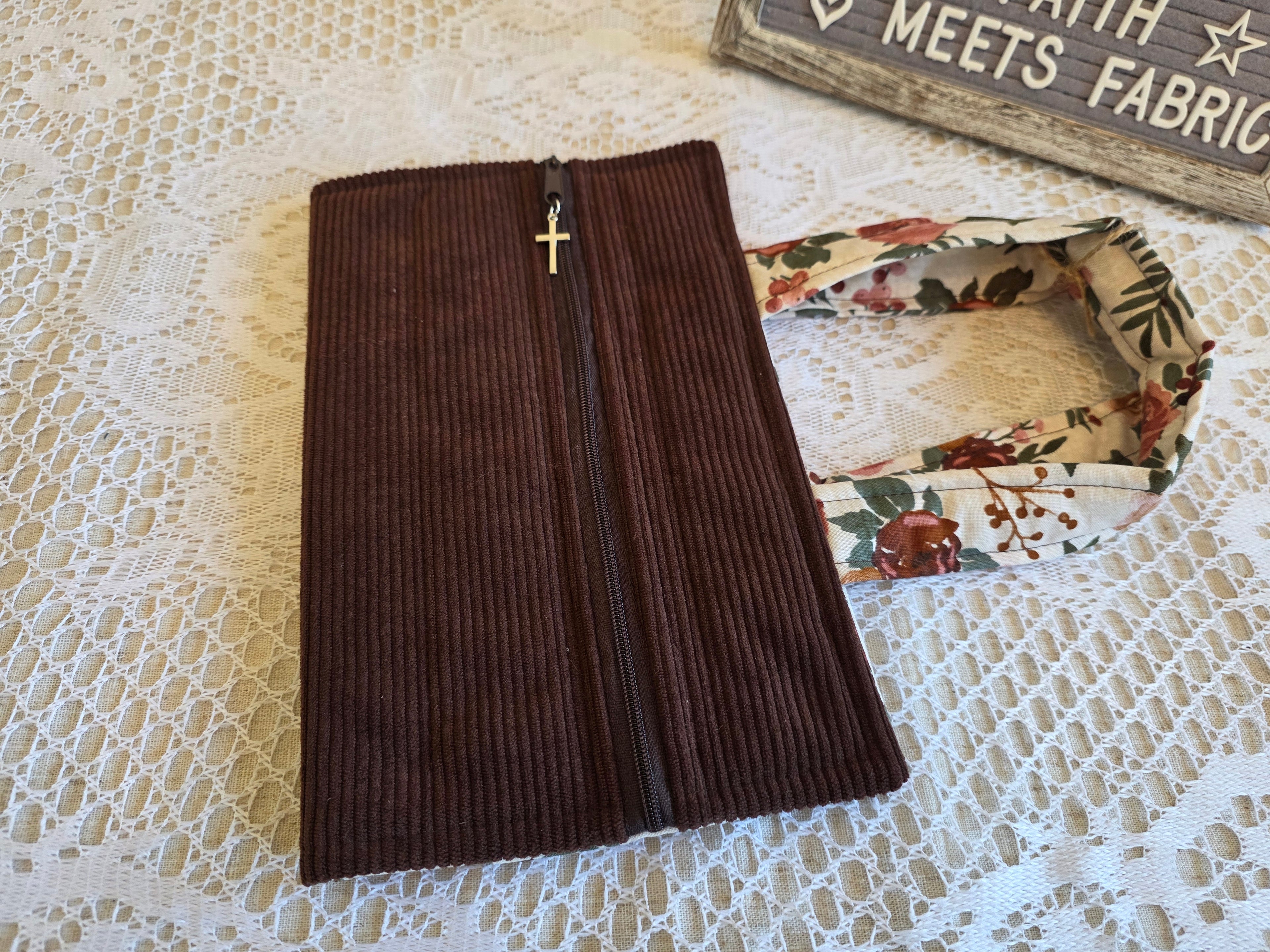 Deluxe Bible/Book Cover- Brown Corduroy & Floral | Bible Cover | Devotional Cover