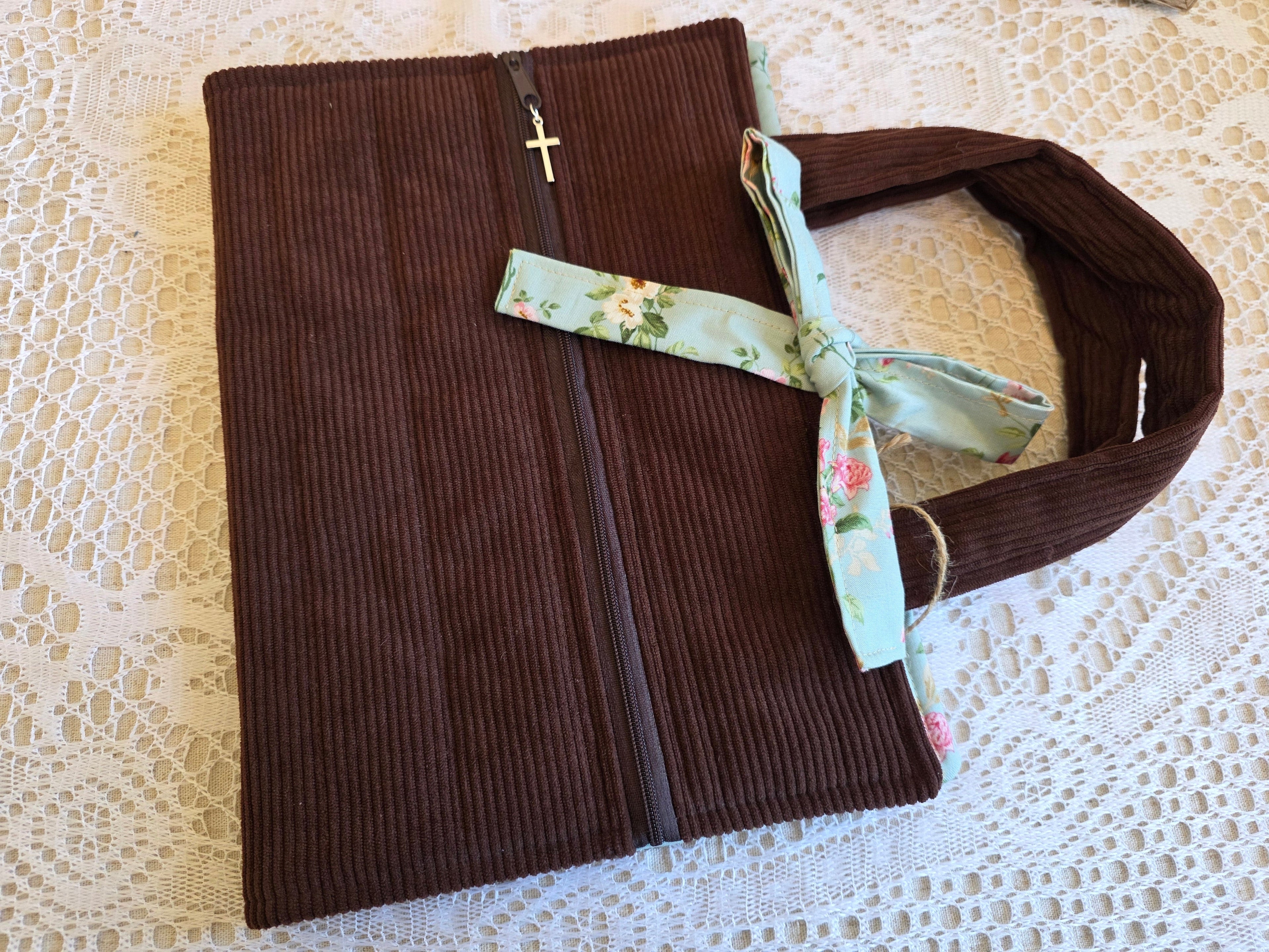 Deluxe Bible/Book Cover- Brown Corduroy & Floral | Bible Cover | Devotional Cover