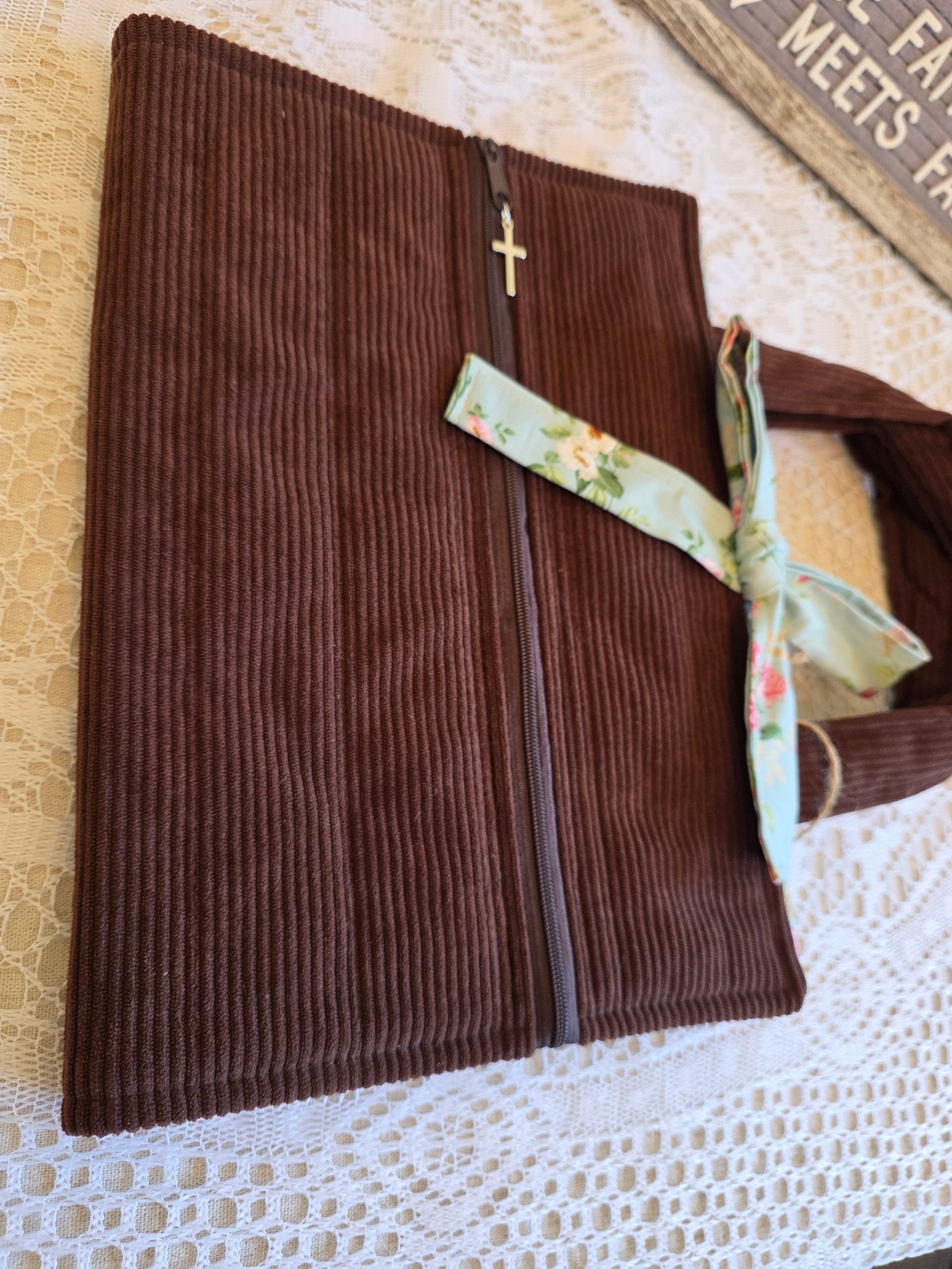 Deluxe Bible/Book Cover- Brown Corduroy & Floral | Bible Cover | Devotional Cover