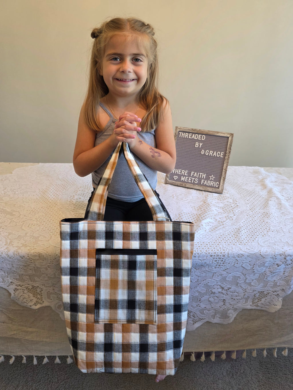 Neutral Buffalo Check Quilted Tote Bag | Quilted Tote Bag | Library Bag | Teacher Tote Bag | Everyday Tote Bag