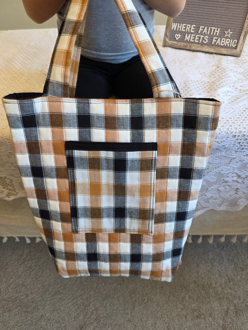 Neutral Buffalo Check Quilted Tote Bag | Quilted Tote Bag | Library Bag | Teacher Tote Bag | Everyday Tote Bag