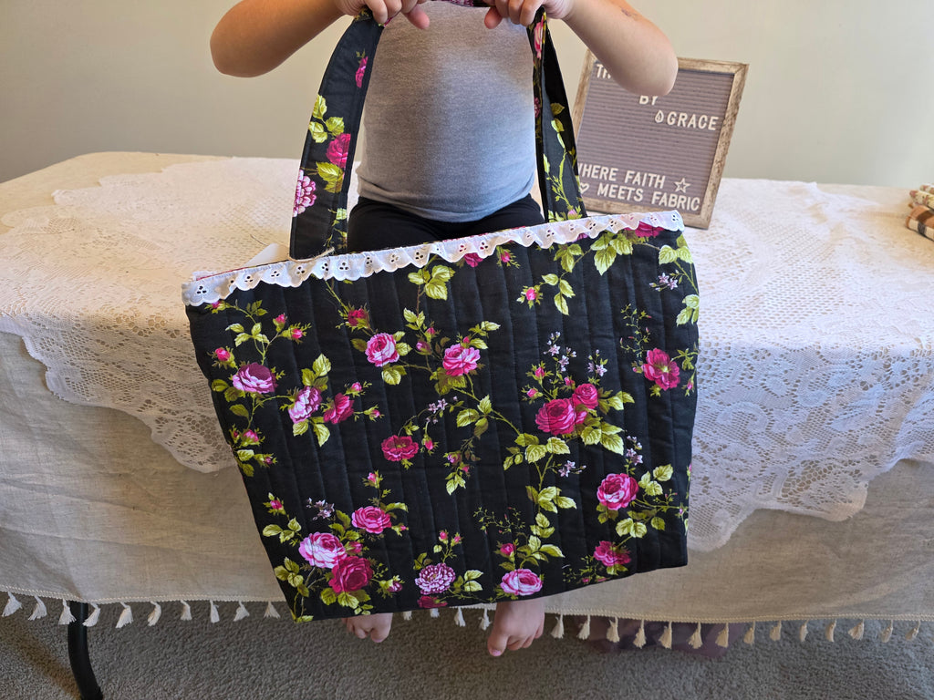 Black Floral Quilted Tote Bag | Quilted Tote Bag | Laptop Bag | Library Bag | Teacher Tote Bag | Everyday Tote Bag