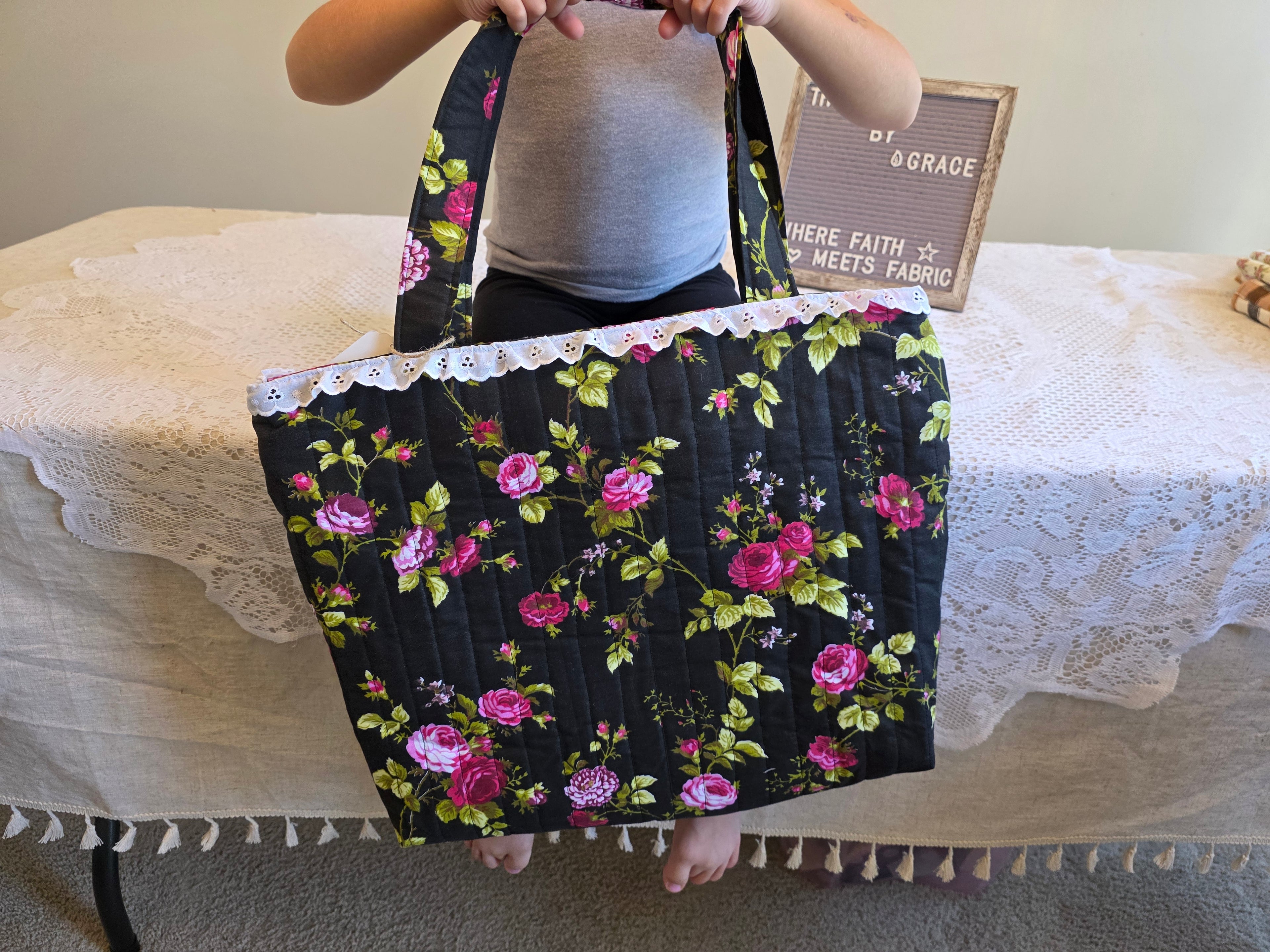 Black Floral Quilted Tote Bag | Quilted Tote Bag | Laptop Bag | Library Bag | Teacher Tote Bag | Everyday Tote Bag