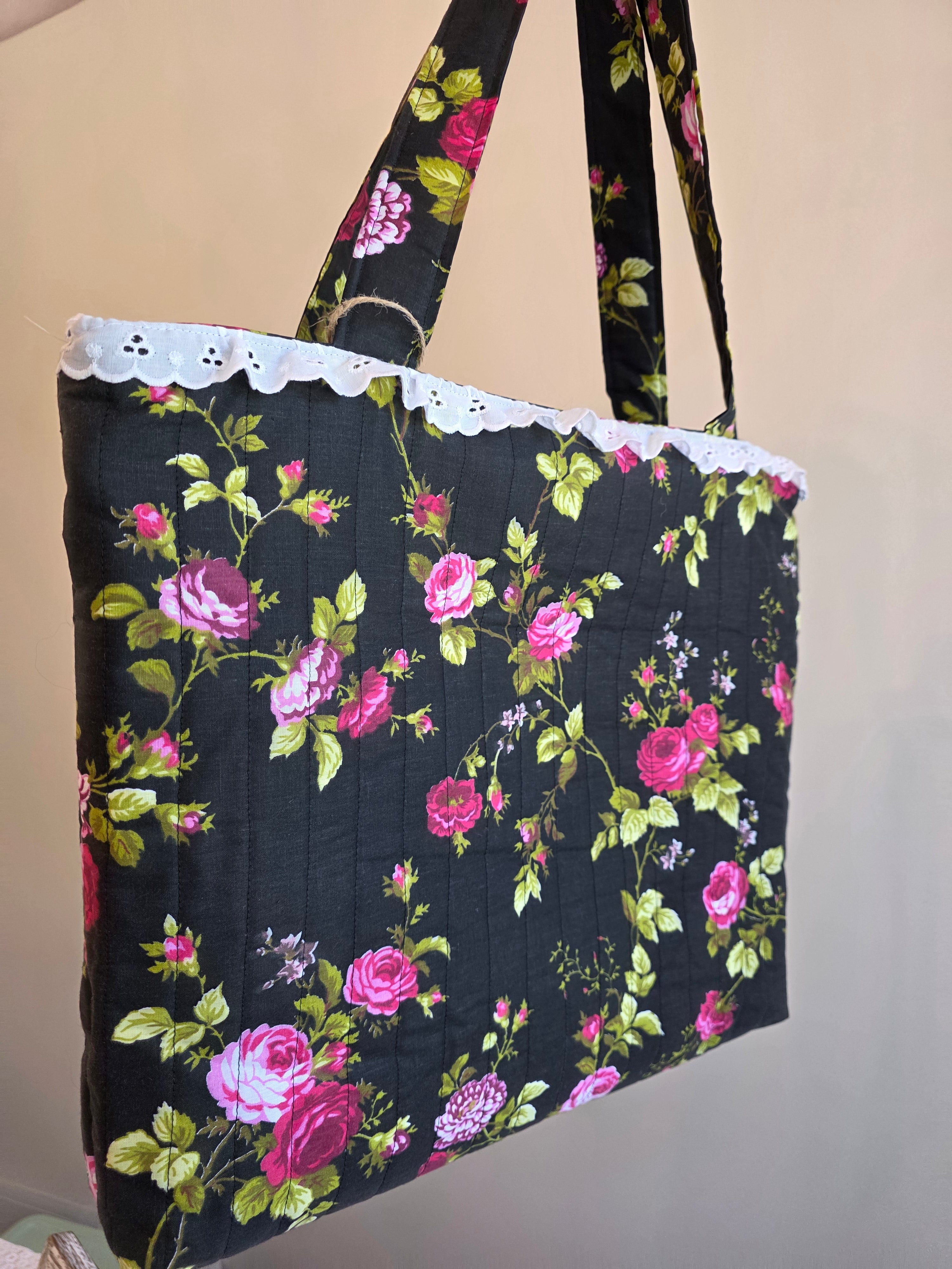 Black Floral Quilted Tote Bag | Quilted Tote Bag | Laptop Bag | Library Bag | Teacher Tote Bag | Everyday Tote Bag