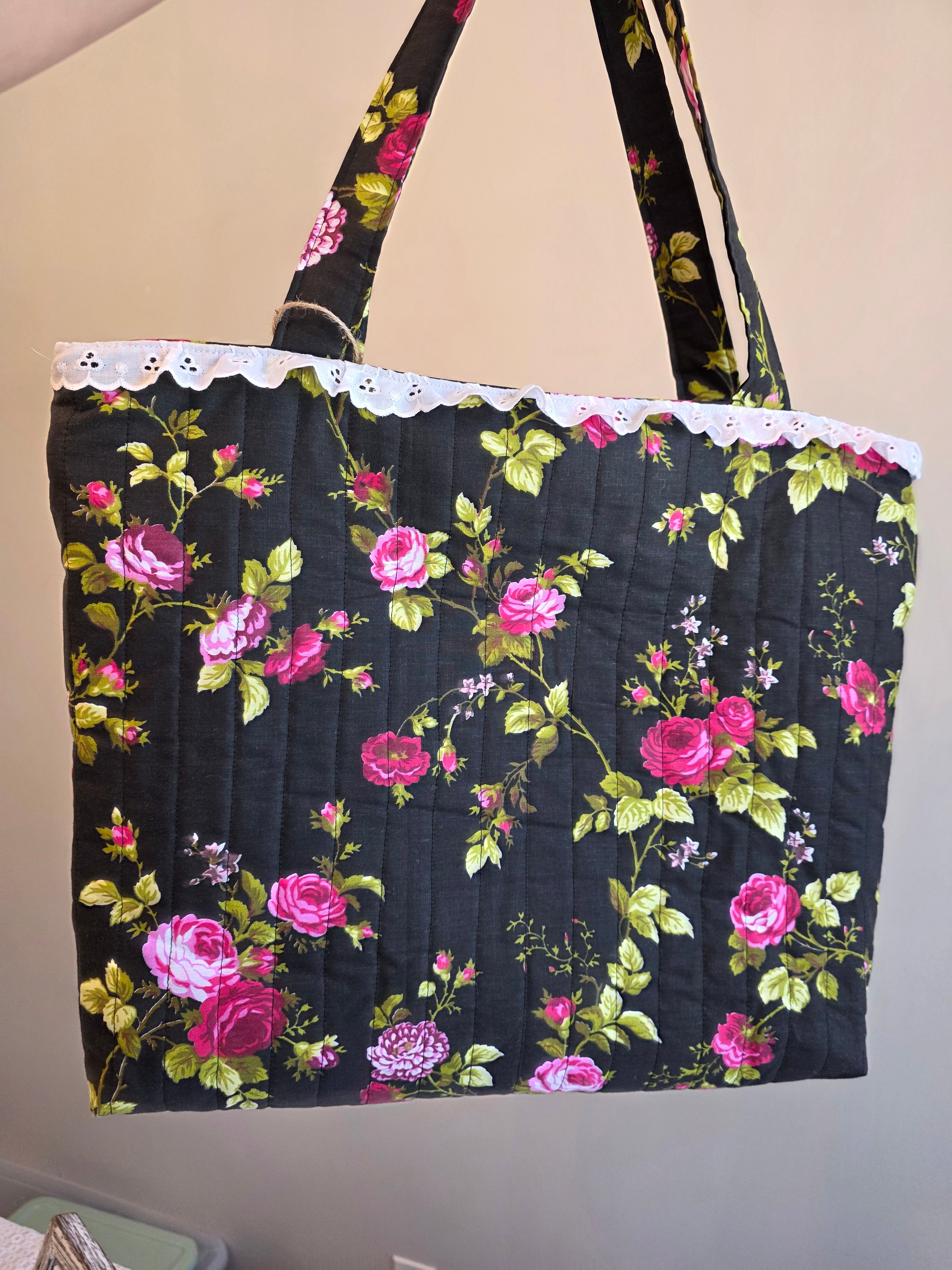 Black Floral Quilted Tote Bag | Quilted Tote Bag | Laptop Bag | Library Bag | Teacher Tote Bag | Everyday Tote Bag