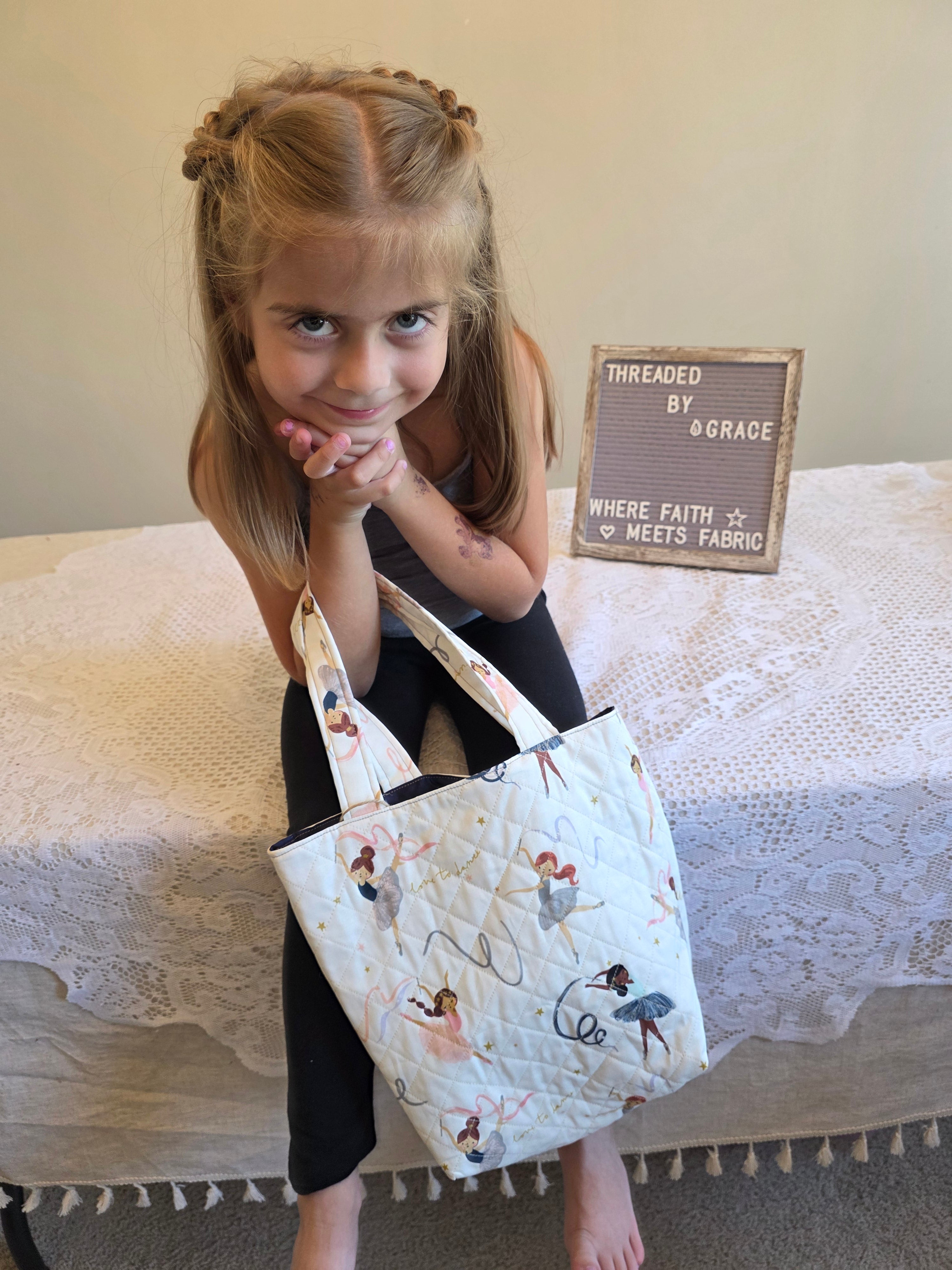 Ballerina Quilted Tote Bag | Quilted Tote Bag | Library Bag | Dance Class Tote Bag | Everyday Tote Bag | Kiddo Tote Bag