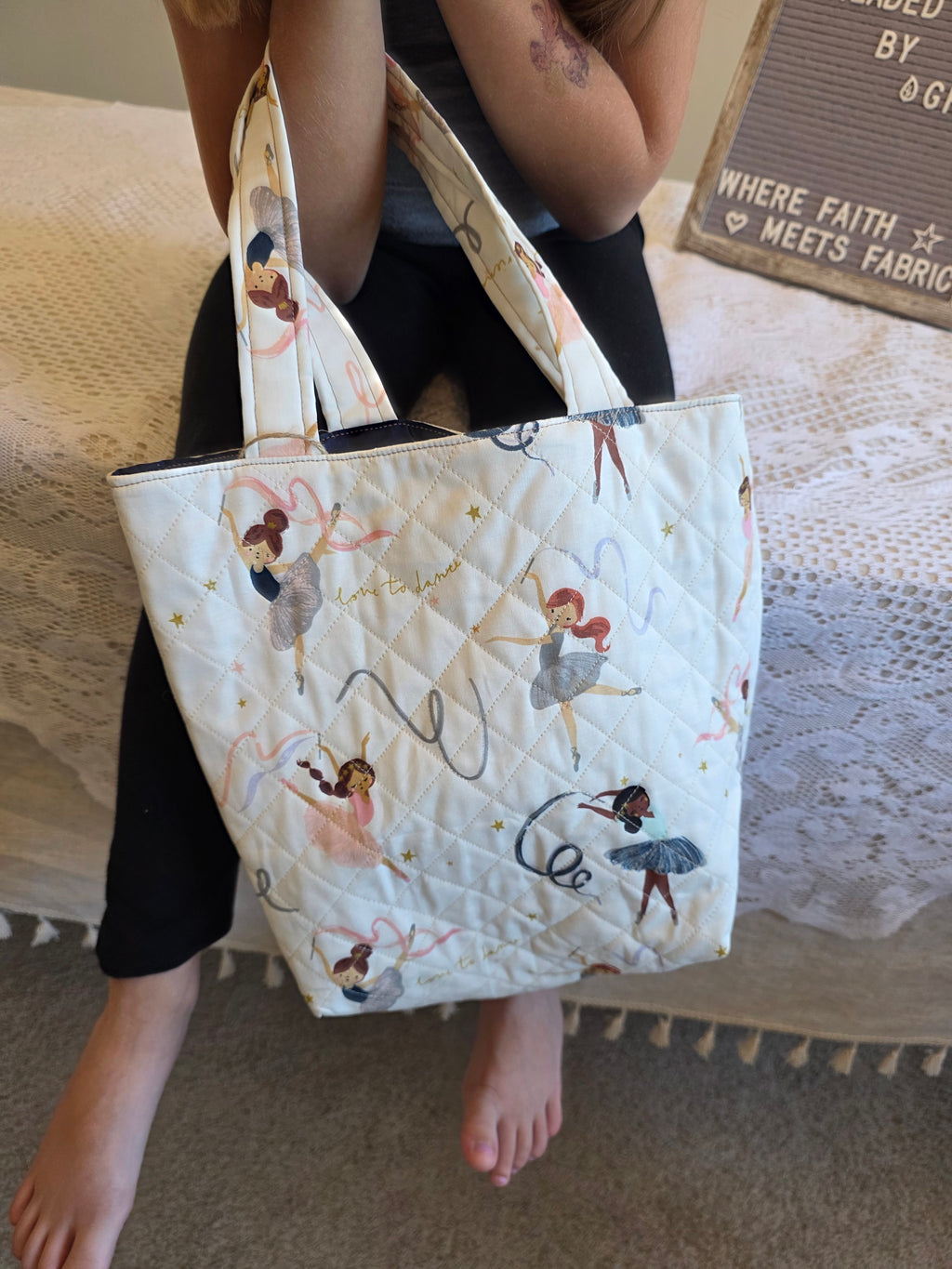 Ballerina Quilted Tote Bag | Quilted Tote Bag | Library Bag | Dance Class Tote Bag | Everyday Tote Bag | Kiddo Tote Bag