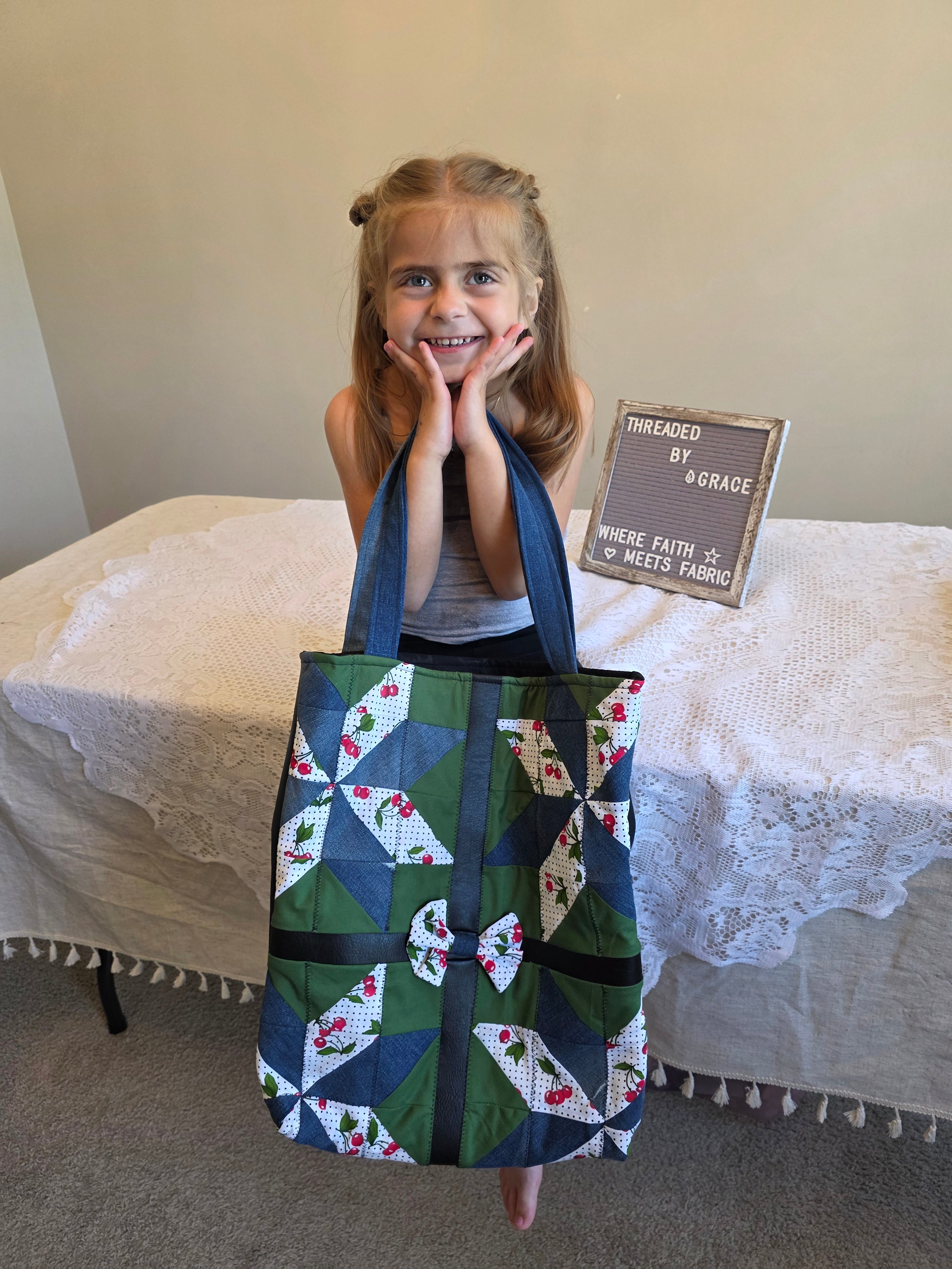 Cherry & Denim Patchwork Quilted Tote Bag | Quilted Tote Bag | Fashion Show 2026 | Library Bag | Teacher Tote Bag | Everyday Tote Bag