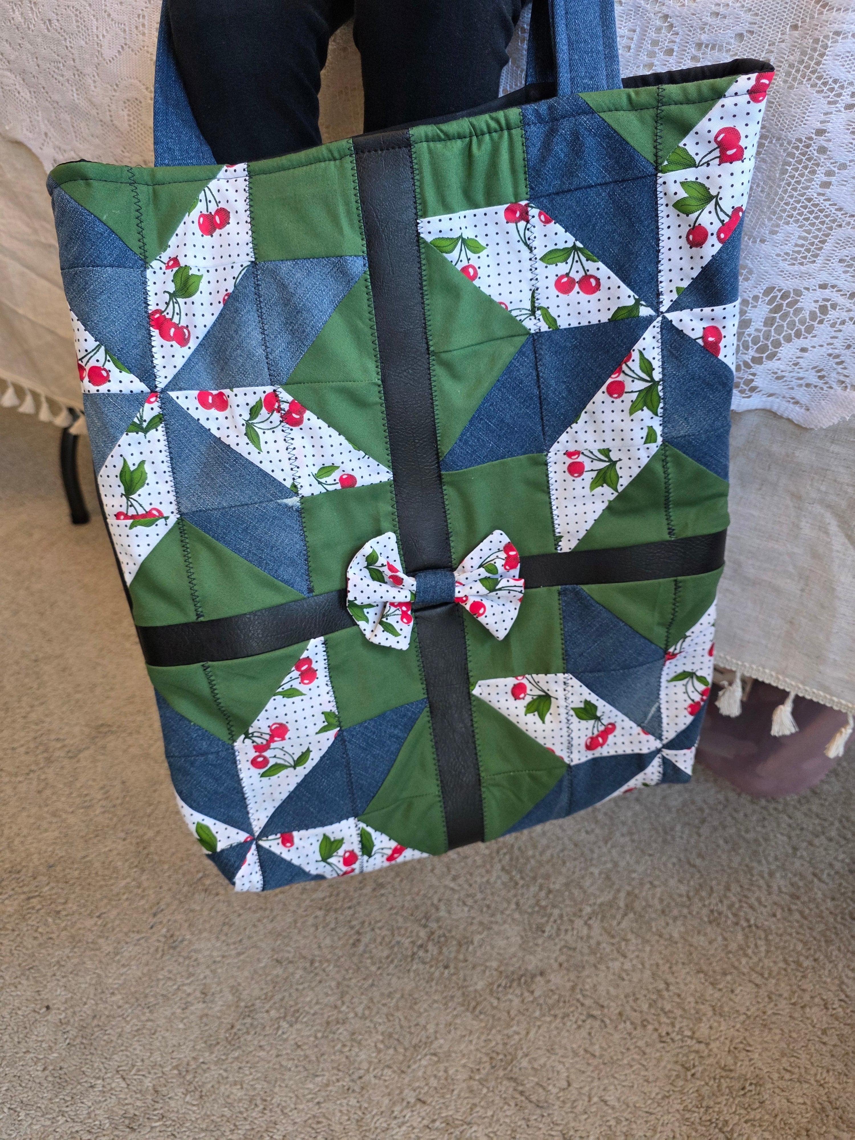 Cherry & Denim Patchwork Quilted Tote Bag | Quilted Tote Bag | Fashion Show 2026 | Library Bag | Teacher Tote Bag | Everyday Tote Bag