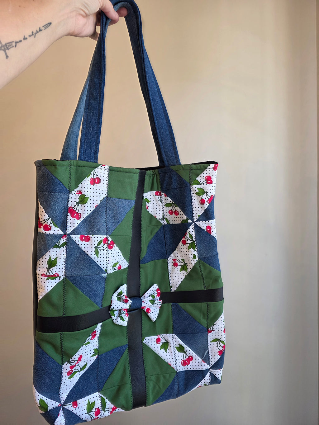 Cherry & Denim Patchwork Quilted Tote Bag | Quilted Tote Bag | Fashion Show 2026 | Library Bag | Teacher Tote Bag | Everyday Tote Bag