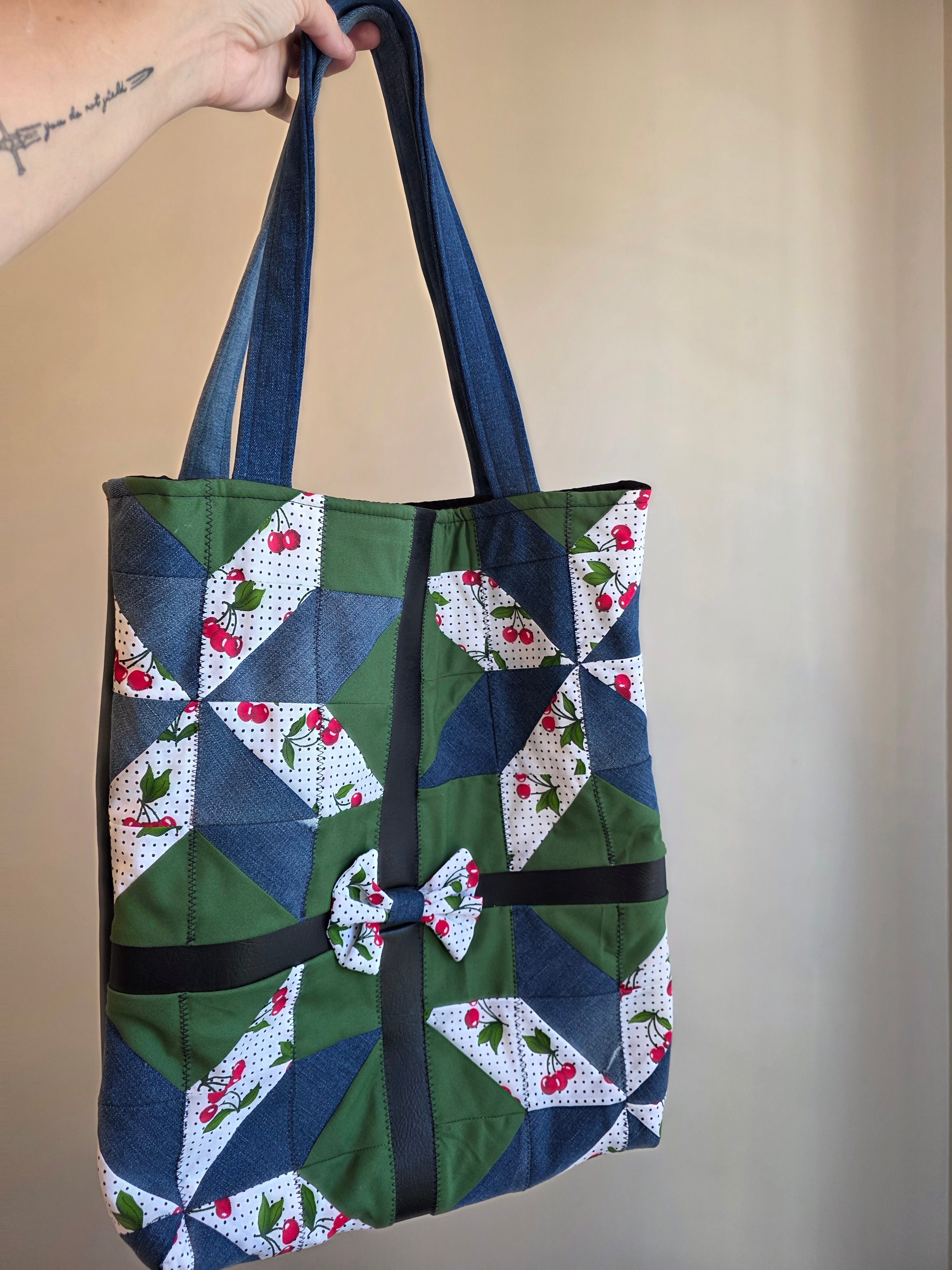 Cherry & Denim Patchwork Quilted Tote Bag | Quilted Tote Bag | Fashion Show 2026 | Library Bag | Teacher Tote Bag | Everyday Tote Bag