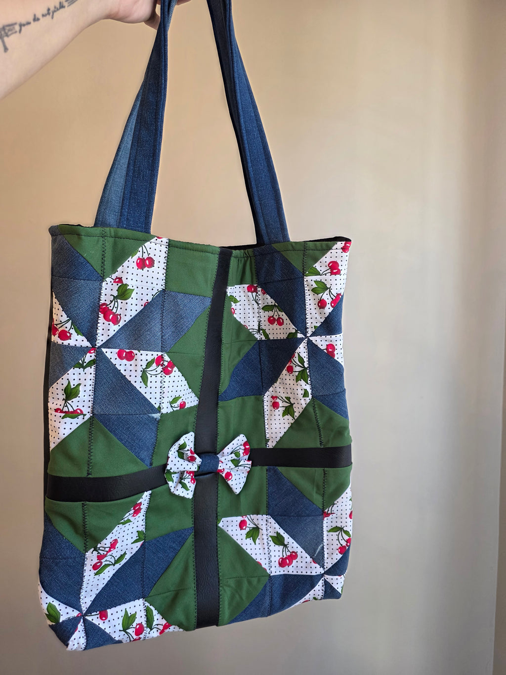 Cherry & Denim Patchwork Quilted Tote Bag | Quilted Tote Bag | Fashion Show 2026 | Library Bag | Teacher Tote Bag | Everyday Tote Bag