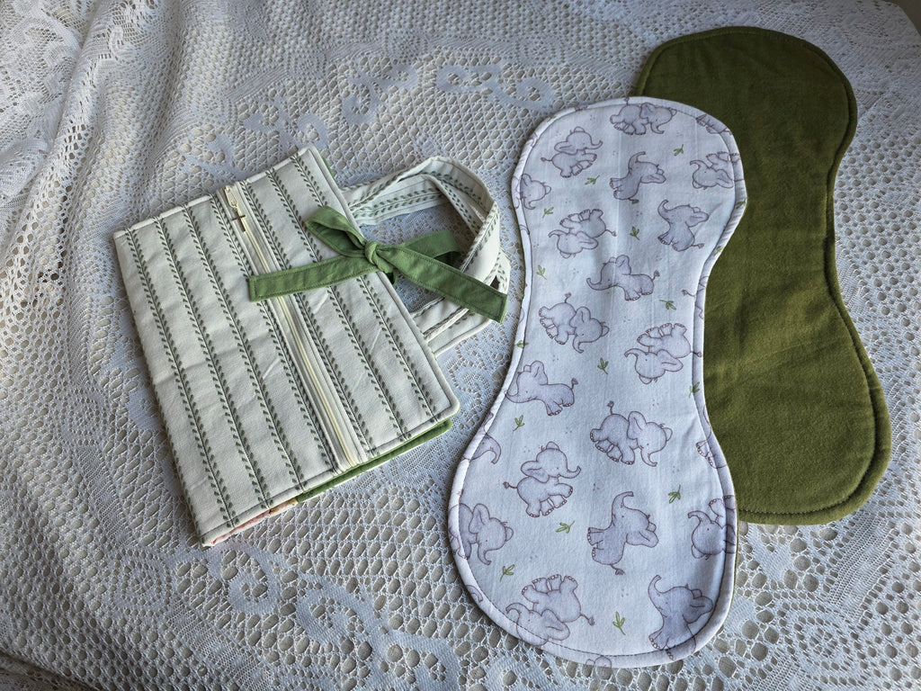 Sage Green & Elephants Mom Bundle | Sage Green & Elephants Bible Cover with Matching Burp Cloth | New Mom Gift | Mom Gift | Mother Gift