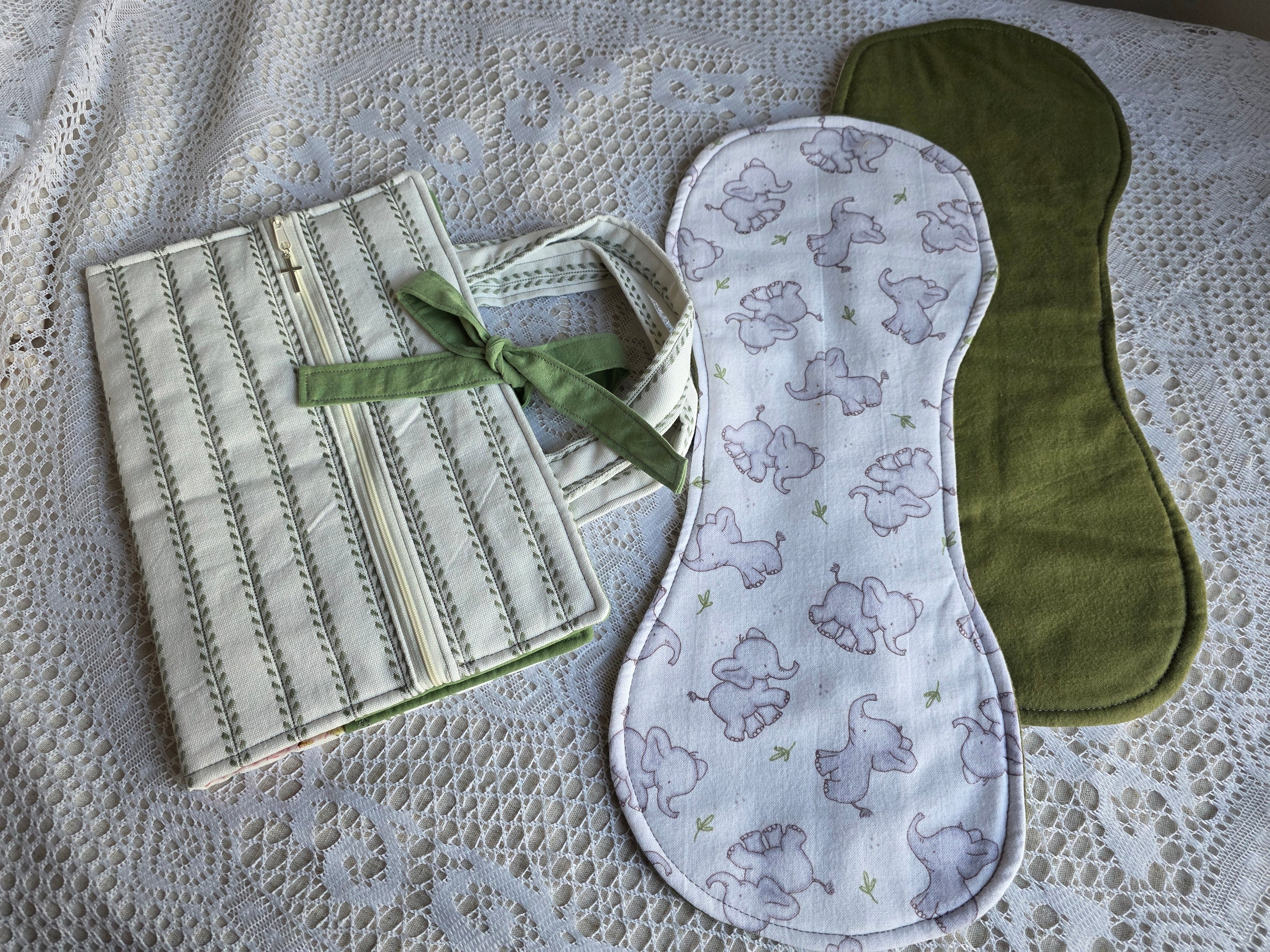 Sage Green & Elephants Mom Bundle | Sage Green & Elephants Bible Cover with Matching Burp Cloth | New Mom Gift | Mom Gift | Mother Gift