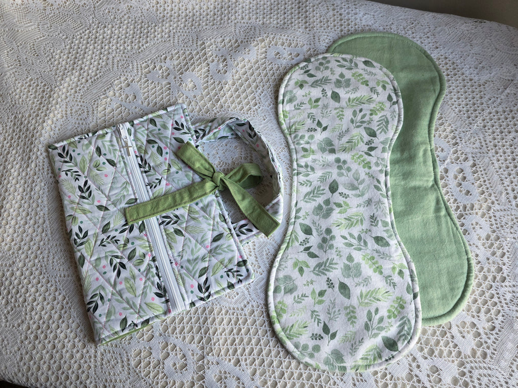 Green Leaves Mom Bundle | Green Leaves Bible Cover with Matching Burp Cloth | New Mom Gift | Mom Gift | Mother Gift