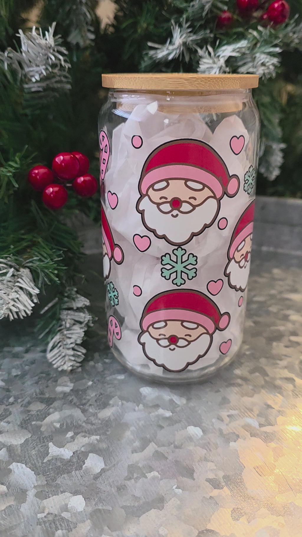 Santa Ho Ho Holiday 16oz Glass Cup | Christmas Festive Drinking Glass with Lid | 16 oz Glass Cup with Bamboo Lid and Glass Straw