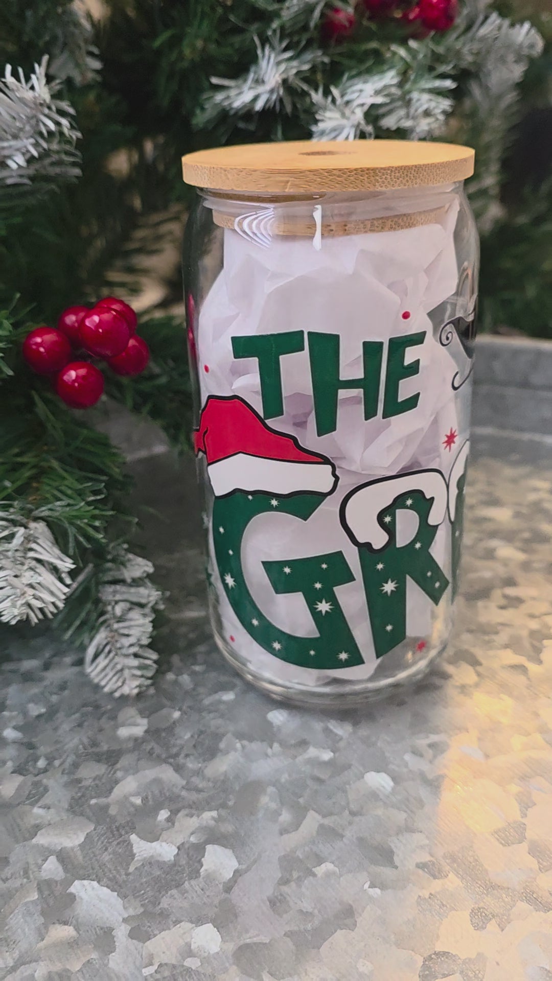 The GRINCH 16oz Glass Cup | Christmas Festive Drinking Glass with Lid | 16 oz Glass Cup with Bamboo Lid and Glass Straw