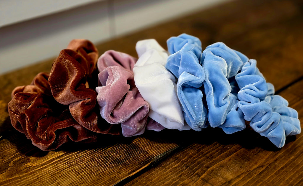 Velvet Scrunchies | Caramel Velvet Scrunchie | Blush Velvet Scrunchie | Ivory Velvet Scrunchie | Powder Blue Velvet Scrunchie