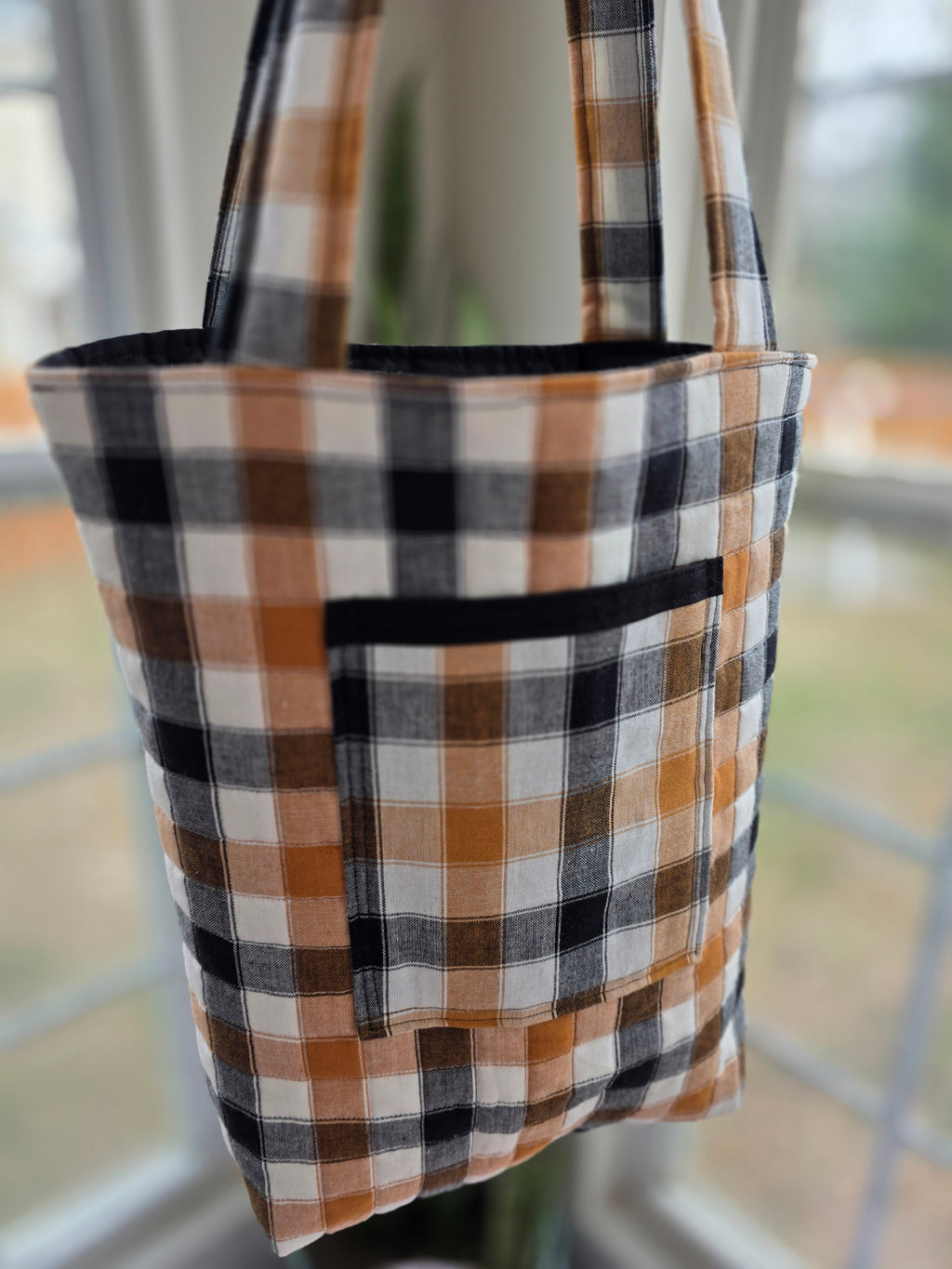 Neutral Buffalo Check Quilted Tote Bag | Quilted Tote Bag | Library Bag | Teacher Tote Bag | Everyday Tote Bag