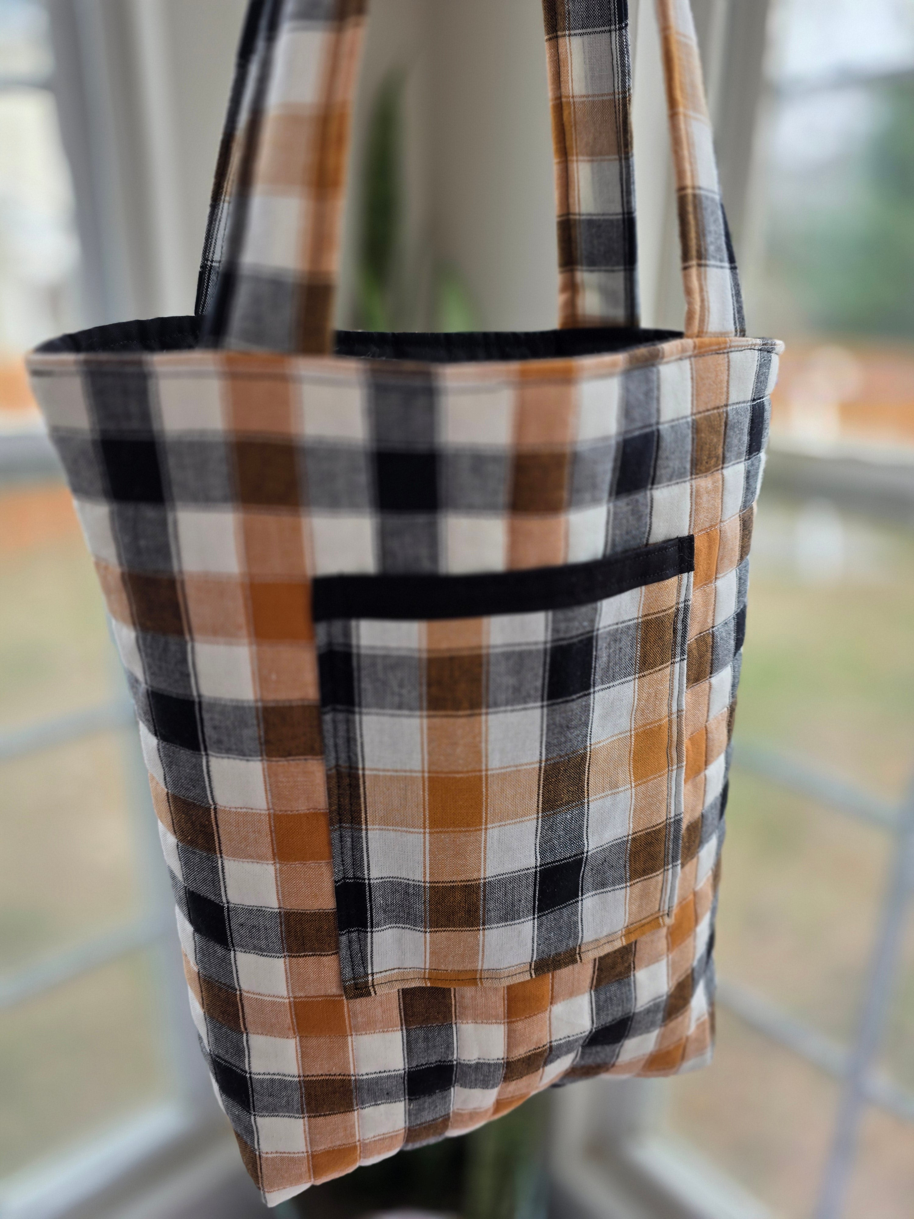 Neutral Buffalo Check Quilted Tote Bag | Quilted Tote Bag | Library Bag | Teacher Tote Bag | Everyday Tote Bag
