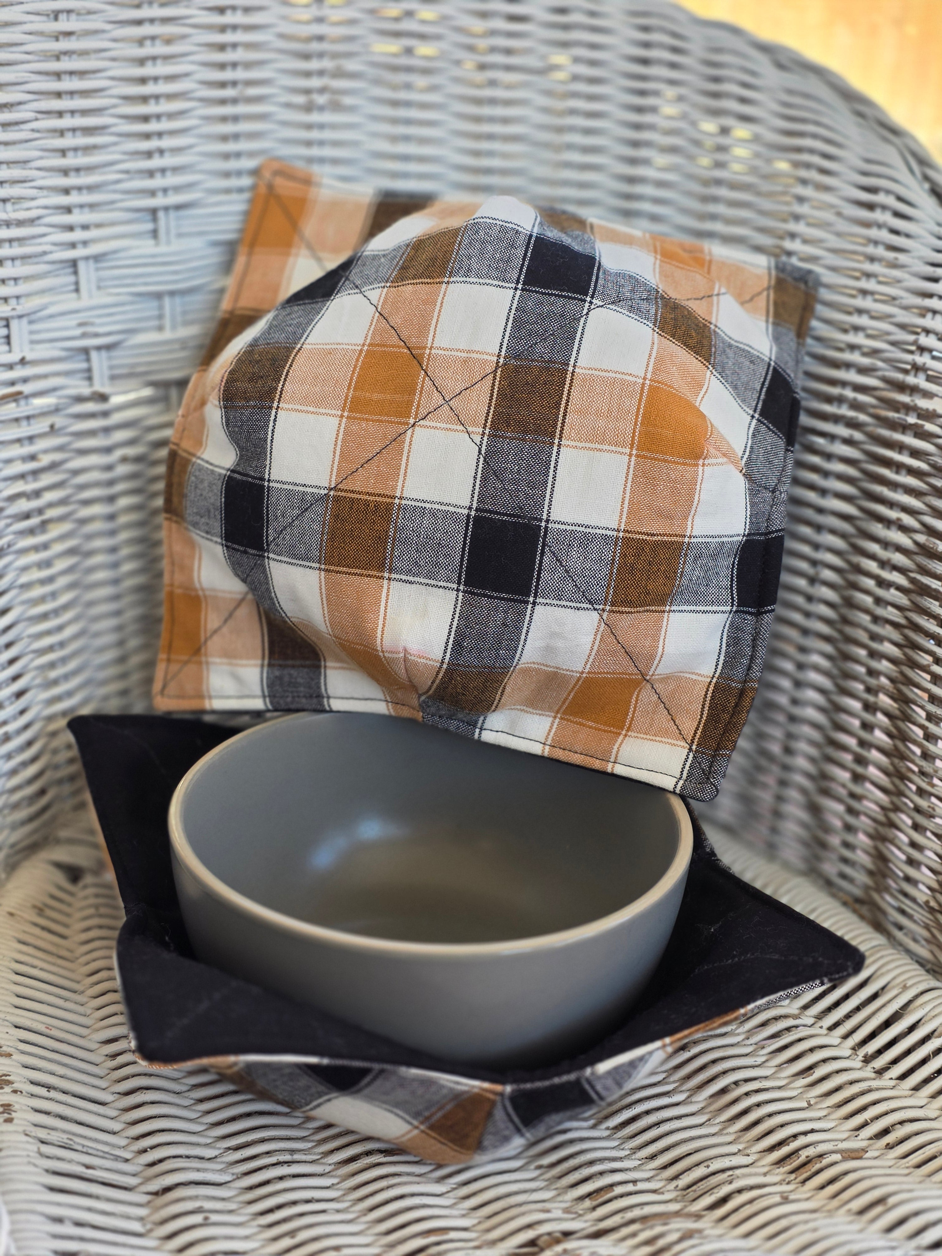 Neutral Buffalo Check Bowl Cozies| Set of 2| Reversible Bowl Cozies| Handmade Bowl Cozies