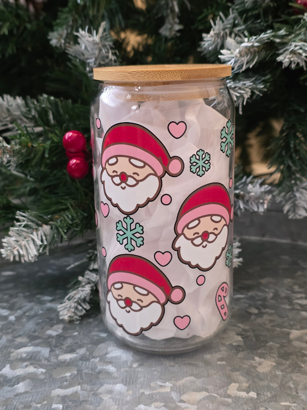 Santa Ho Ho Holiday 16oz Glass Cup | Christmas Festive Drinking Glass with Lid | 16 oz Glass Cup with Bamboo Lid and Glass Straw