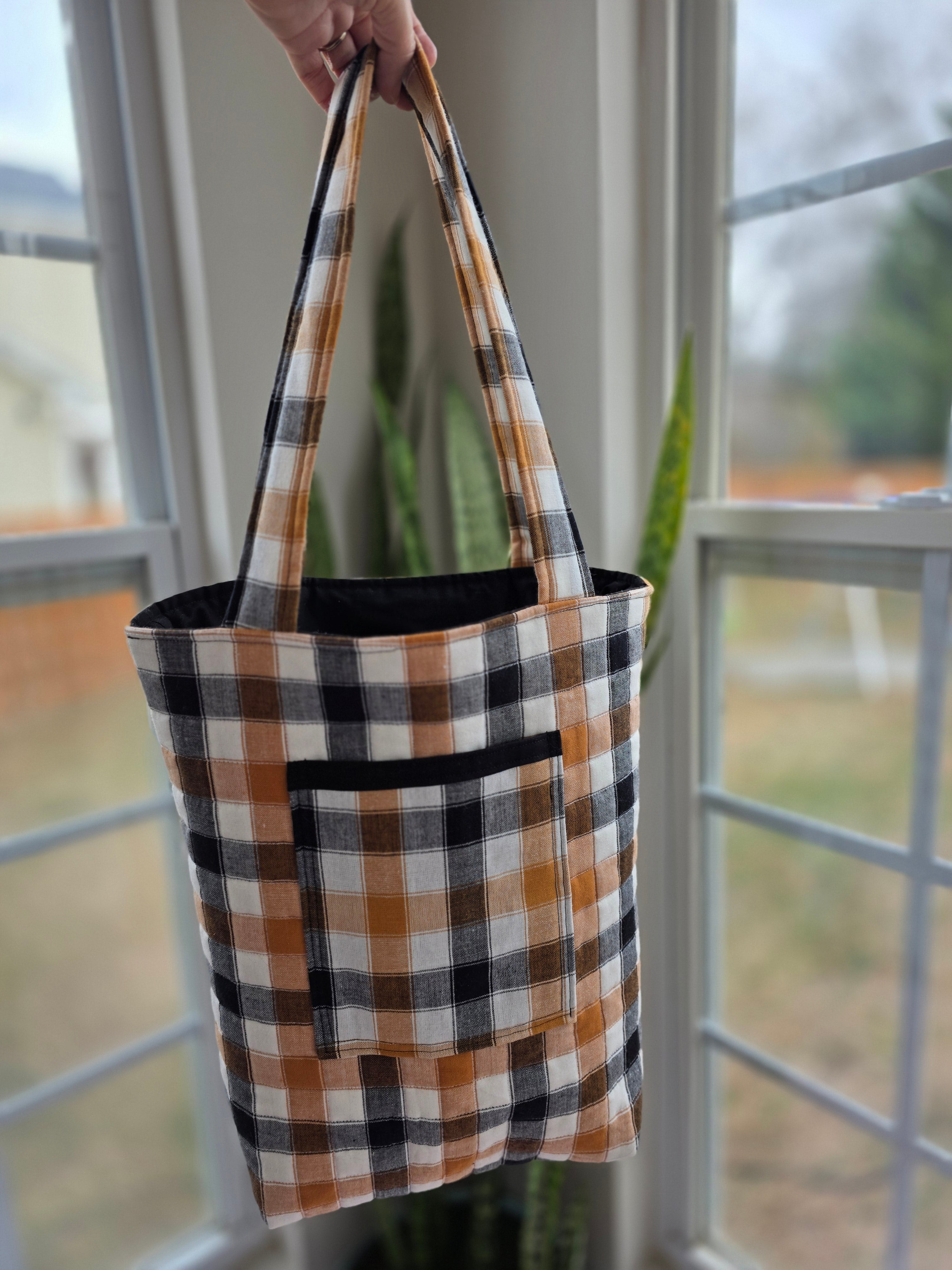 Neutral Buffalo Check Quilted Tote Bag | Quilted Tote Bag | Library Bag | Teacher Tote Bag | Everyday Tote Bag