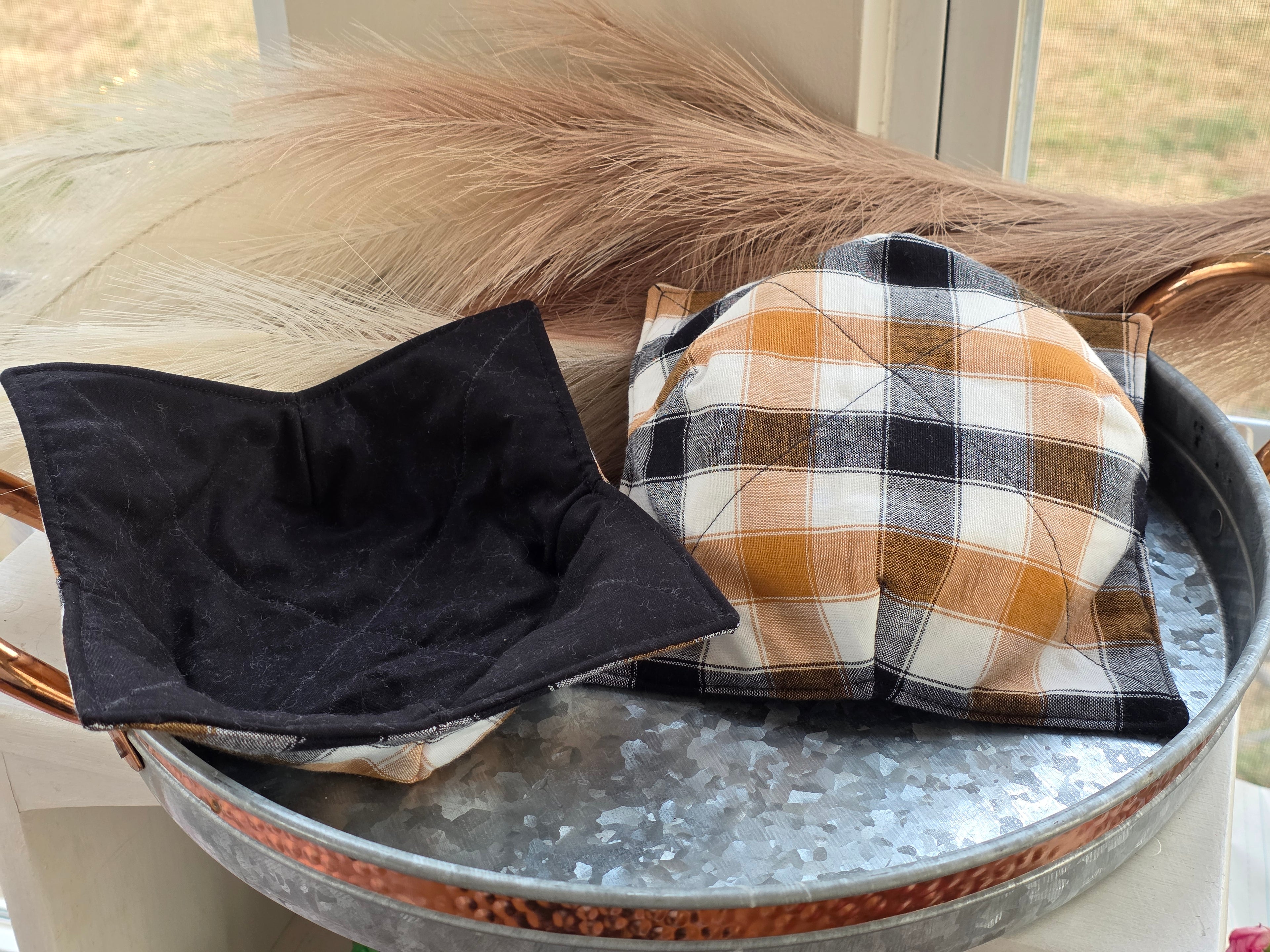 Neutral Buffalo Check Bowl Cozies| Set of 2| Reversible Bowl Cozies| Handmade Bowl Cozies