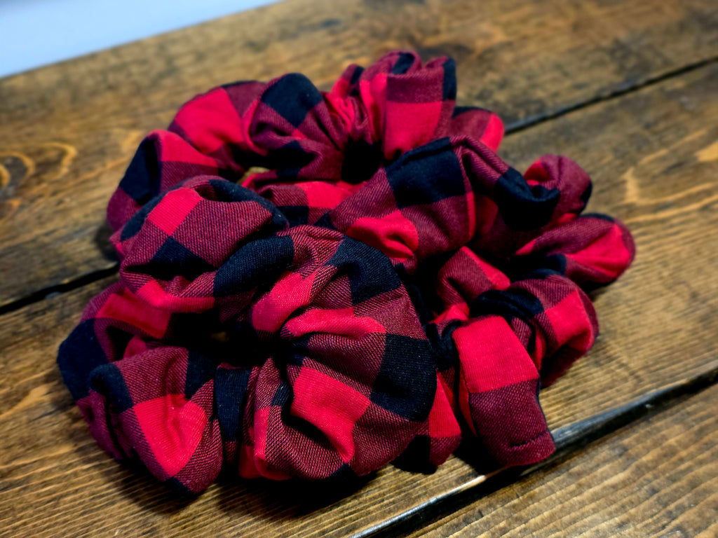 Red and Black Buffalo Check Flannel Scrunchie | Flannel Stretchy Scrunchie | Buffalo Check Scrunchie